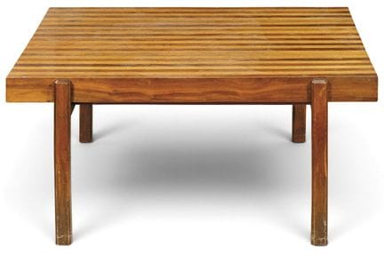 Low table with a rectangular top made of slats of 