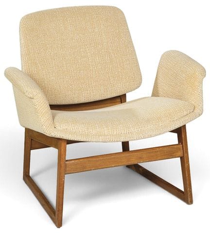 Armchair with a stained beech wood frame. Seat, ba