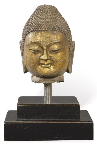 "Buddha head" in gilded stone, China, Qing Dynasty