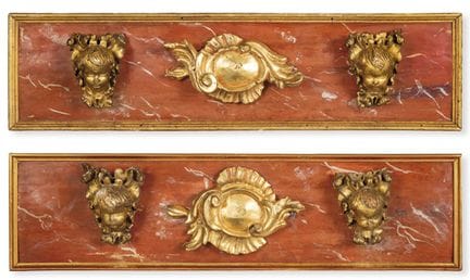 Pair of marbled wooden friezes with Rococo cartouc