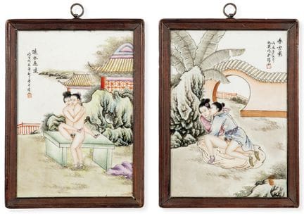 Pair of erotic Chinese porcelain plaques, first th
