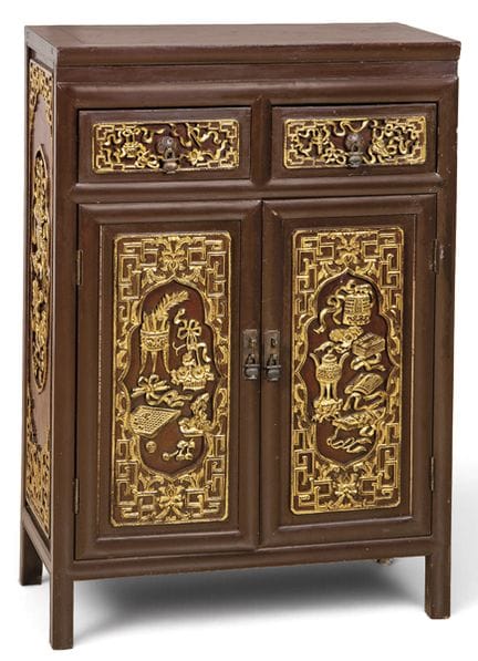 Low cabinet in patinated and gilded wood, China, c