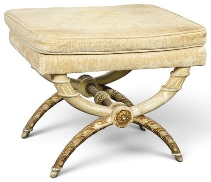 Empire-style curule stool in carved, polychrome, a
