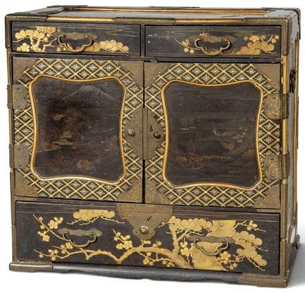 Japanese lacquered wooden storage cabinet with rel