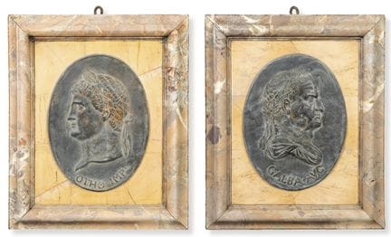Pair of panels with bronze profiles of Roman emper