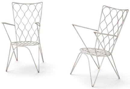 Pair of garden chairs, in white-painted iron, with