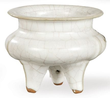 Tripod incense burner in monochrome white crackled
