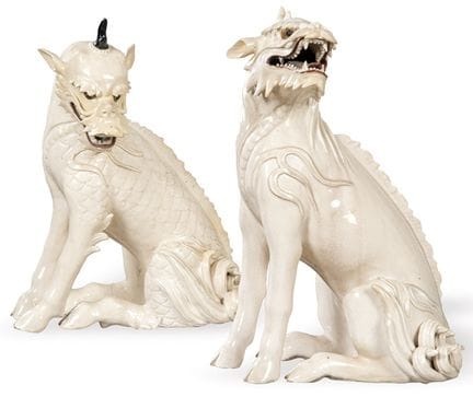 Pair of white ceramic kilin from Satsuma, Japan, E