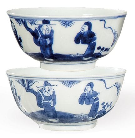 Pair of blue and white Chinese porcelain bowls, Qi