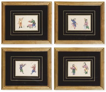 Four Chinese rice paper prints painted in gouache 