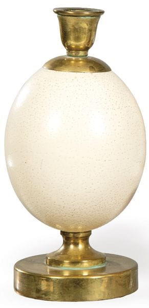 Bronze candlestick with ostrich egg, c. 1970. 
 He