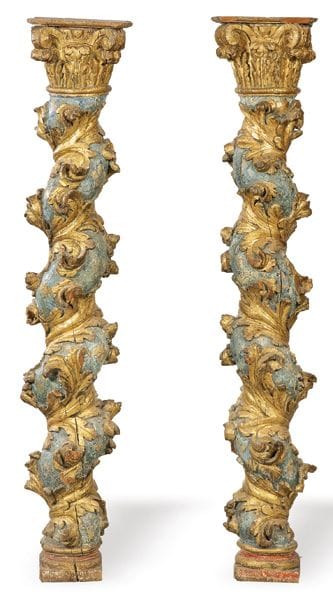 Pair of Solomonic columns in carved, polychrome, a