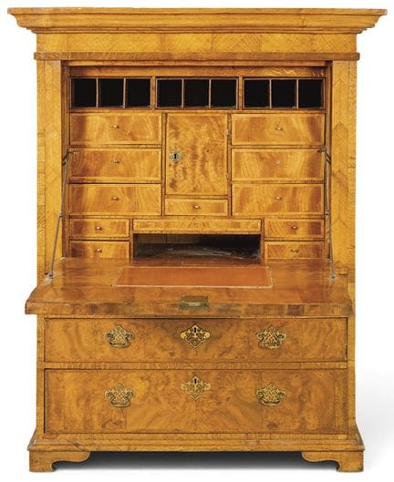 Drop-front secretary desk in oak and maple burl. R