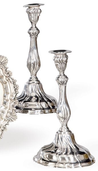 Pair of Spanish sterling silver candlesticks, hall