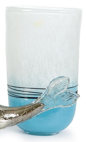 Vaso in vetro di Murano bianco e azzurro con fili 