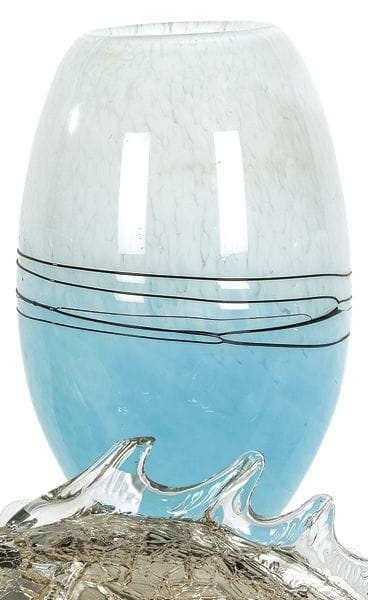 Vaso ovale in vetro di Murano, bianco e blu con fi
