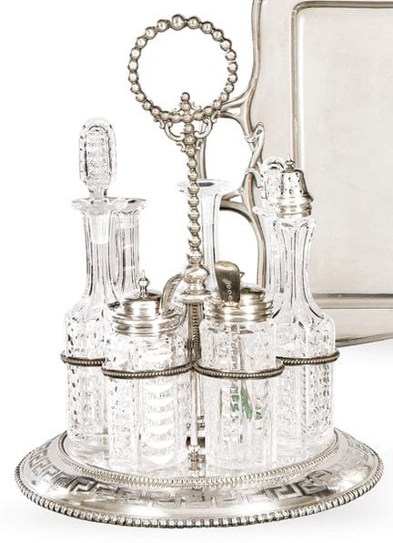 Silver-plated metal set with 7 glass bottles and d