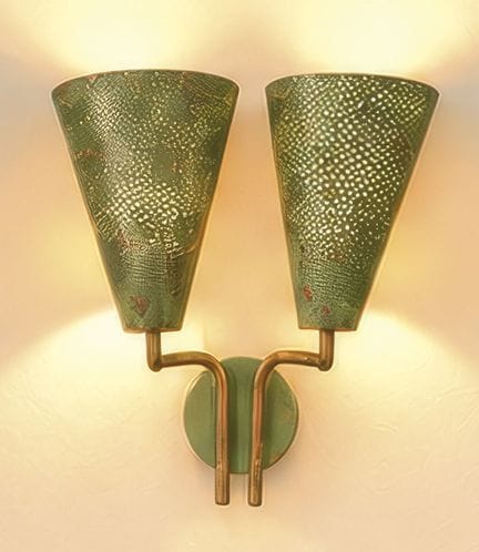 Two-light wall sconce with conical shades made of 