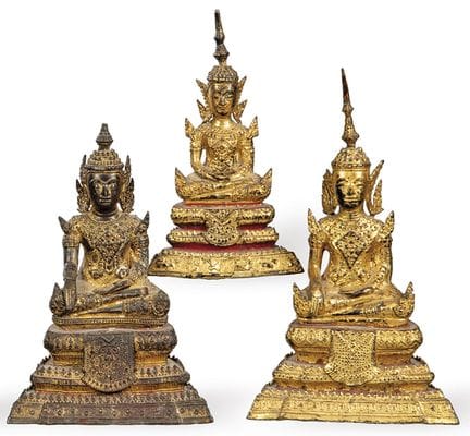 Three Thai Buddhas in gilt metal, 19th century 
 H