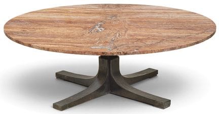 Circular coffee table with a veined marble top and
