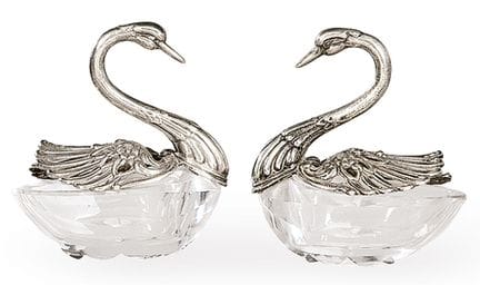 Pair of silver table salt shakers with illegible h