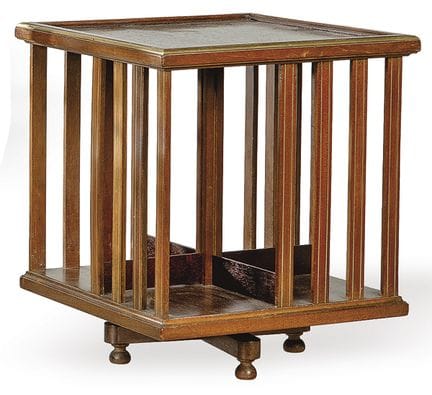 Rotating tabletop bookcase, in mahogany and brass,
