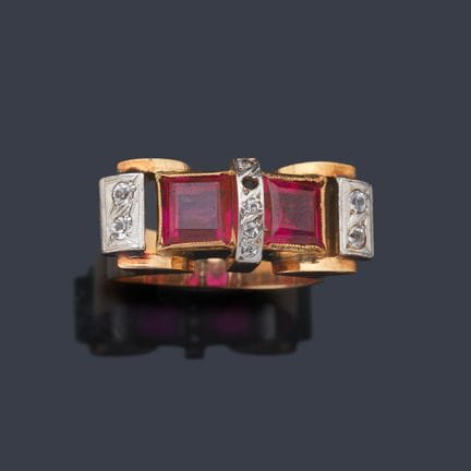 Vintage-Ring mit zwei synthetischen Rubinen und Di