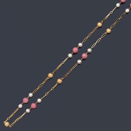 Lange Halskette mit Rhodochrosit-Perlen von ca. 11