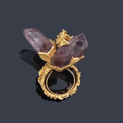 Skulpturaler Ring mit drei Amethyst-Quarz-Geoden i