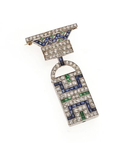 ART DECO BROOCH
Diamonds, sapphires, and emeralds
