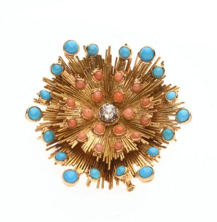 "SPUTNIK" BROOCH
Gold, turquoise, coral, and diamo