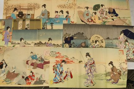 日本，明治时代
丰原千信（1838-1912）、歌川国正（1874-1944）
一套五幅三联画，锦绘