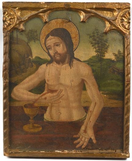 加泰罗尼亚画派 约1550年
复活的基督展示伤痕
软木板，单块，未拼接
高：50 厘米 - 宽：40