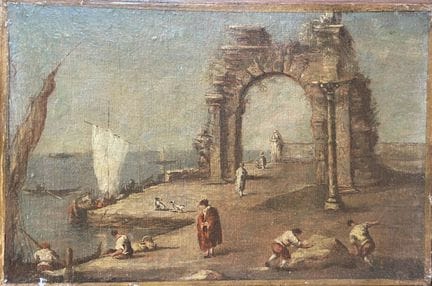 Scuola veneziana
Paesaggio animato con un arco imm