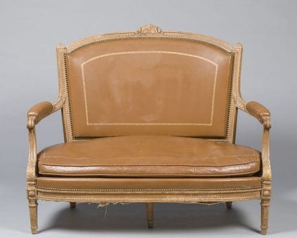 Small natural wood sofa with beaded and acanthus l