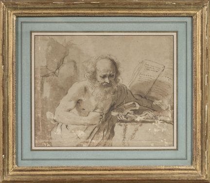 17世纪意大利画派。作品《圣杰罗姆》。纸本墨笔素描。20 × 25 厘米。纸面有轻微剥落。已装裱。