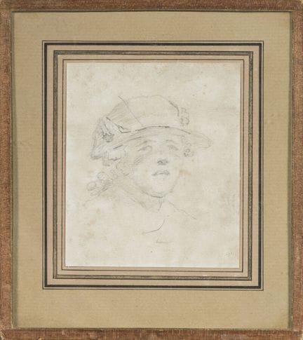 18世纪末法国画派。“肖像”。石墨素描，11 x 9.5 厘米。纸张略有痕迹。装裱于带玻璃的画框中。