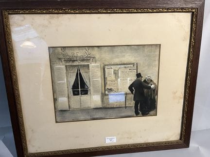 Gravure encadrée  réhaussée a la gouache "Salle de