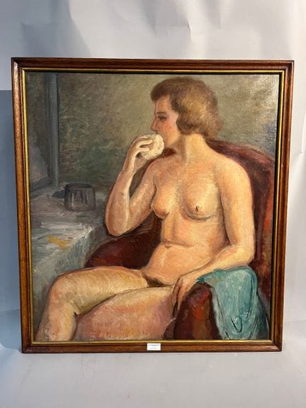Ecole moderne 
Nu féminin au fauteuil rouge, 
huil