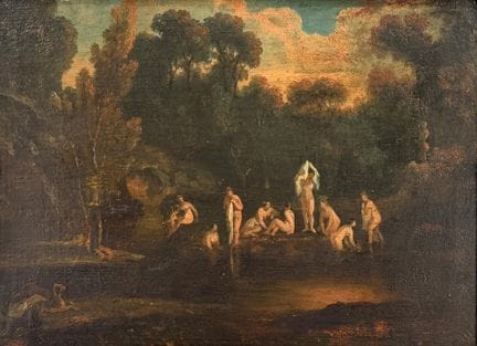 19th-century school. 
Bathers.
Oil on panel, signe