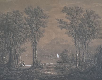 Scuola del XIX secolo. 
Paesaggio lacustre animato