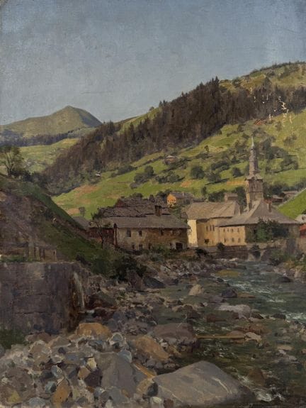 Scuola francese del XX secolo. 
Villaggio sulle ri