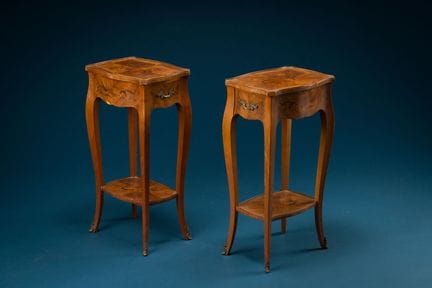 Two small side tables made of veneered wood with f