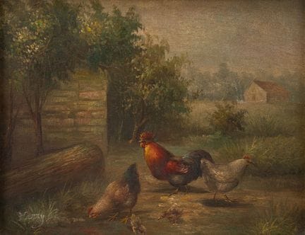 20th-Century School 
"Three Hens"
Oil on panel, si