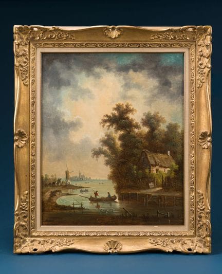 19th-Century Dutch School
"Fishermen and a Thatche