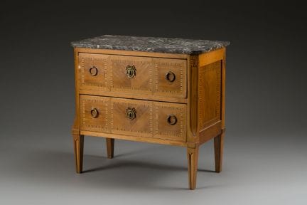 Veneered wood sideboard. Gray-green marble top. 
L