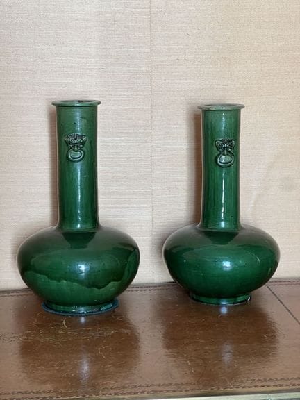 PAIR OF LONG-NECKED VASES made of green-glazed sto