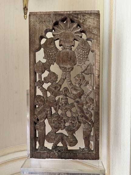 INDIA 
Carved wooden panel decorated with figures 