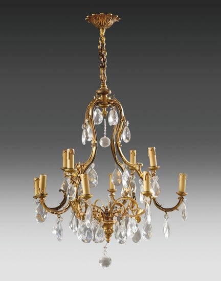 Coppia di lampadari a gabbia in bronzo dorato, con