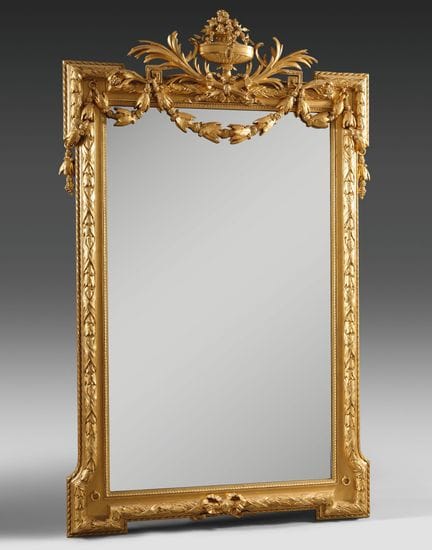 Specchio da camino in legno e stucco dorato con de